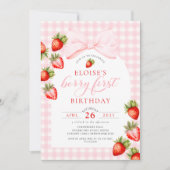 Gingham Strawberry Coquette Erster Geburtstag Einladung (Vorderseite)