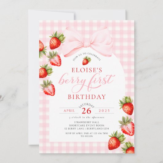 Gingham Strawberry Coquette Erster Geburtstag Einladung (Vorderseite)