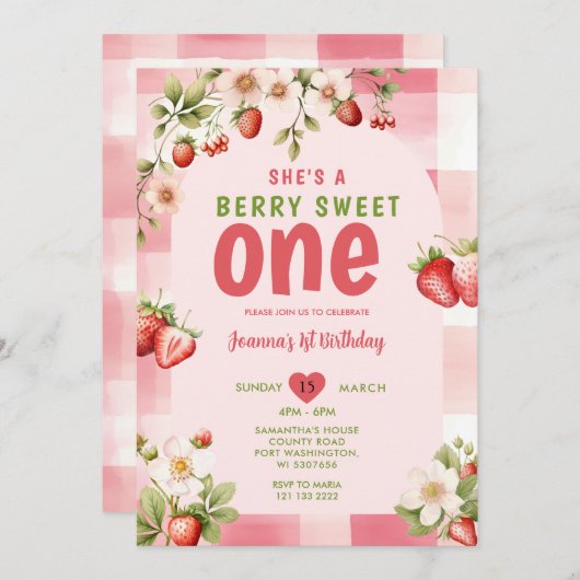 Gingham Strawberry Sweet One Berry 1. Geburtstag Einladung (Vorne/Hinten)