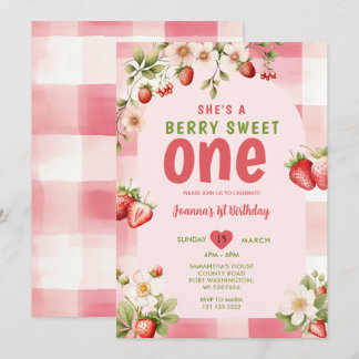 Gingham Strawberry Sweet One Berry 1. Geburtstag Einladung