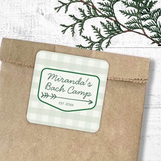 Gingham Summer Camp Bachelorette Camping Quadratischer Aufkleber