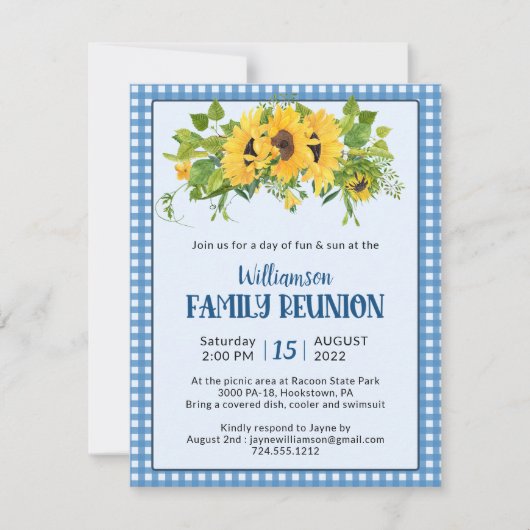 Gingham Sunflowers Rustic Family Wiedersehen Einladung (Vorderseite)