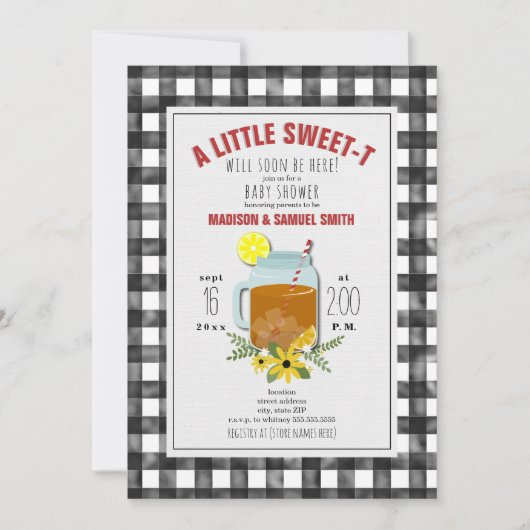 Gingham Sweet Tea Floral Baby Dusche Einladung (Vorderseite)