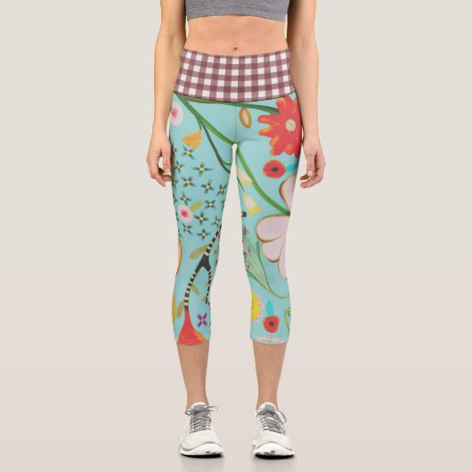 Gingham Taille Grüne Flora Capri Leggings (Vorderseite)