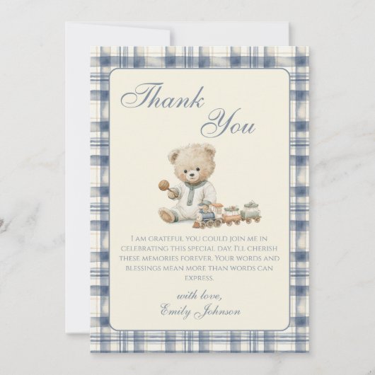 Gingham-Teddybär-Junge-Baby-Party-Dankeskarten (Vorderseite)