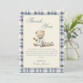 Gingham-Teddybär-Junge-Baby-Party-Dankeskarten (Stehend Vorderseite)