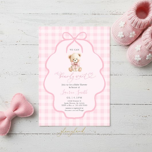 Gingham-Teddybär-Mädchen-Baby-Party Einladung