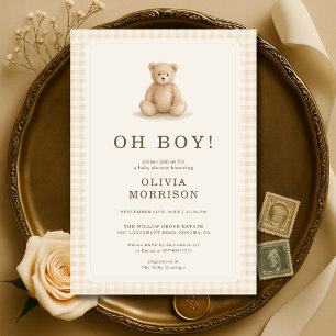 Gingham-Teddybär Oh Junge Neutrale Babyparty Einladung