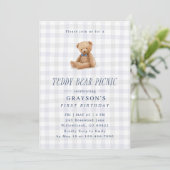 Gingham-Teddybär-Picknick-Erstgeburtstag  Einladung (Stehend Vorderseite)