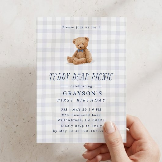 Gingham-Teddybär-Picknick-Erstgeburtstag Einladung