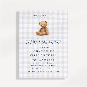 Gingham-Teddybär-Picknick-Erstgeburtstag  Einladung