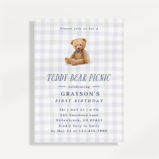 Gingham-Teddybär-Picknick-Erstgeburtstag Einladung
