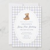 Gingham-Teddybär zum ersten Geburtstag Einladung (Vorderseite)