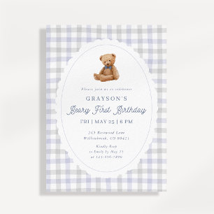 Gingham-Teddybär zum ersten Geburtstag Einladung
