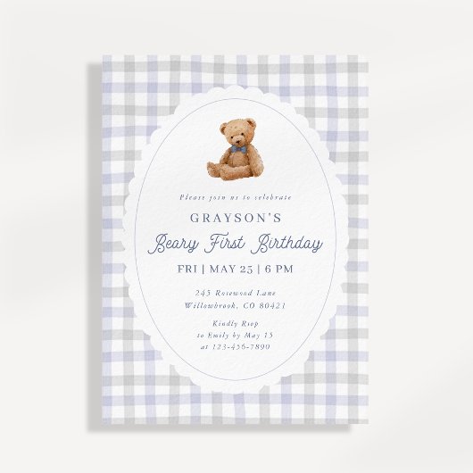 Gingham-Teddybär zum ersten Geburtstag Einladung