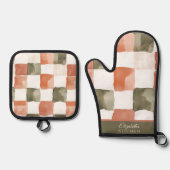 Gingham Terra Cotta and Green Ofenhandschuh & Topflappen-Set (Vorderseite)