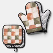 Gingham Terra Cotta and Green Ofenhandschuh & Topflappen-Set (Vorderseite/Rückseite)