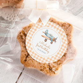 Gingham Time fliegt Flugzeug zum ersten Geburtstag Runder Aufkleber