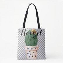 Gingham Tote Bag mit Kaktus Topf Anpassbar