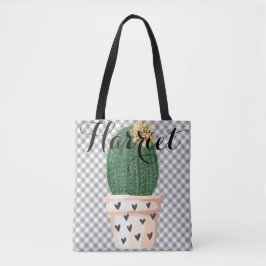Gingham Tote Bag mit Kaktus Topf Anpassbar Tasche