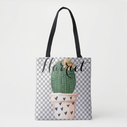Gingham Tote Bag mit Kaktus Topf Anpassbar Tasche (Vorderseite)