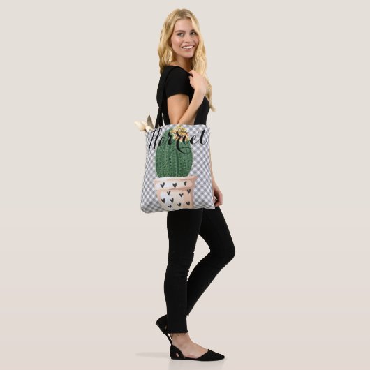 Gingham Tote Bag mit Kaktus Topf Anpassbar Tasche (Am Model)