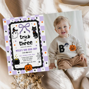 Gingham Trick Or Three Halloween Geburtstagsfoto Einladung