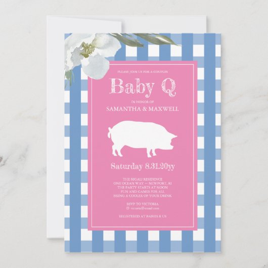 Gingham und Pig Baby Q Baby Dusche Einladung (Vorderseite)