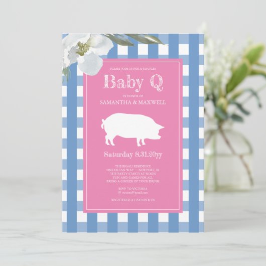 Gingham und Pig Baby Q Baby Dusche Einladung (Stehend Vorderseite)