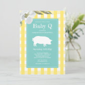 Gingham und Pig Baby Q Baby Dusche Einladung (Stehend Vorderseite)