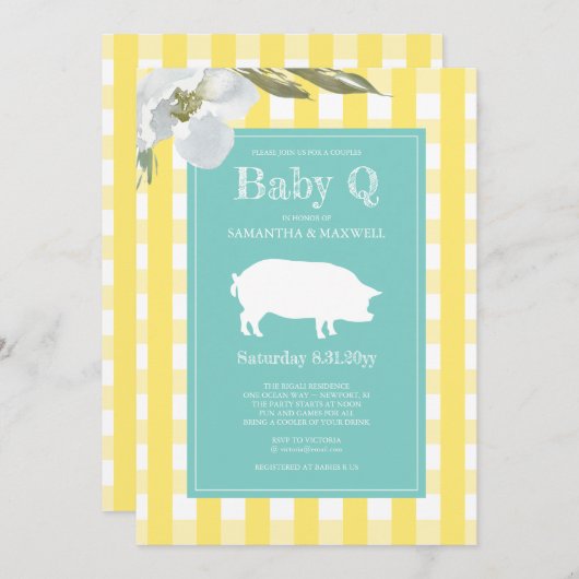 Gingham und Pig Baby Q Baby Dusche Einladung (Vorne/Hinten)