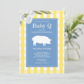 Gingham und Pig Baby Q Baby Dusche Einladung (Stehend Vorderseite)