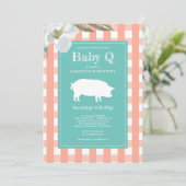 Gingham und Pig Baby Q Baby Dusche Einladung (Stehend Vorderseite)