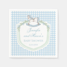 Gingham-Wappen-Babydusche aus blauem Holz