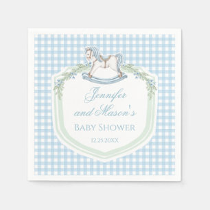 Gingham-Wappen-Babydusche aus blauem Holz Serviette