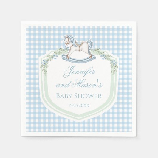 Gingham-Wappen-Babydusche aus blauem Holz Serviette (Vorderseite)