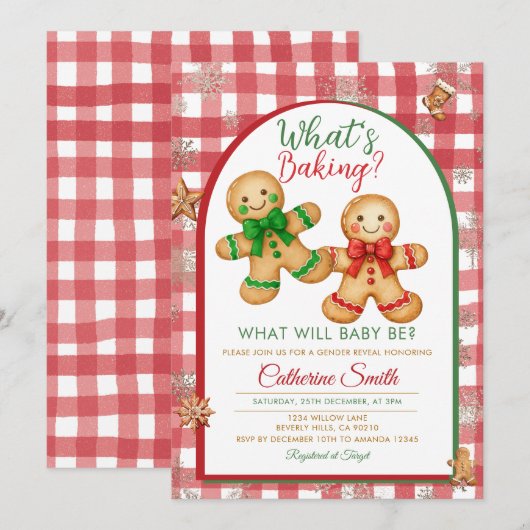 Gingham Was backt Gingerbread Geschlechterenthüllu Einladung (Vorne/Hinten)