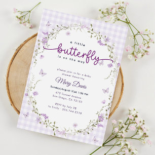 Gingham Watercolor Lavendel Schmetterling Baby Sho Einladung