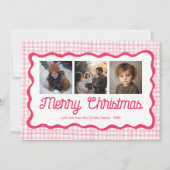 Gingham Wavy Pink Christmas Custom 3 Foto Feiertagskarte (Vorderseite)