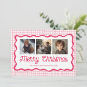 Gingham Wavy Pink Christmas Custom 3 Foto Feiertagskarte (Stehend Vorderseite)