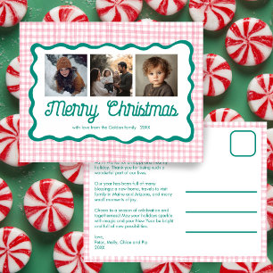 Gingham Wavy Pink Green Christmas Custom 3 Foto Feiertagspostkarte