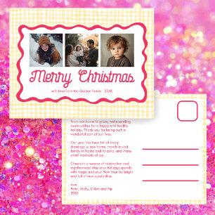 Gingham Wavy Pink Yellow Christmas Custom 3 Foto Feiertagspostkarte