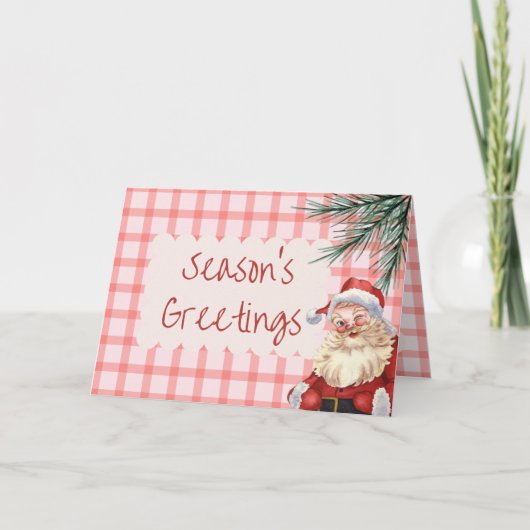 Gingham Weihnachtskarte mit Vintagem Weihnachtsges Feiertagskarte (Vorderseite)