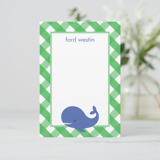 Gingham Whale Personalisierte Mitteilungskarten (Stehend Vorderseite)