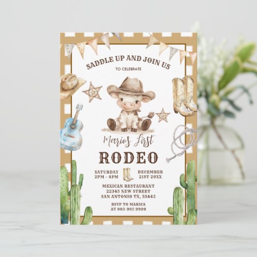 Gingham Wild West My First Rodeo Cowboy Birthday Einladung (Stehend Vorderseite)