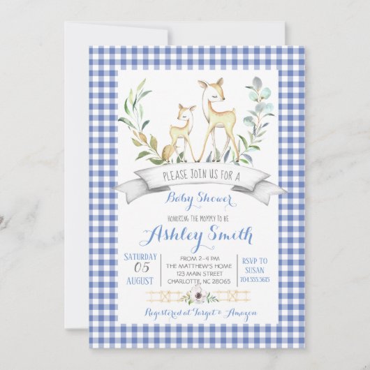 Gingham Woodland Hirsche Baby Dusche Einladung (Vorderseite)