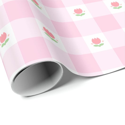 Gingham Wrapping Papier Pastel Pink mit Tulip Geschenkpapier (Rolleneckpunkt)