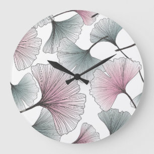 Gingko Biloba von Hand gezeichnet. Große Wanduhr