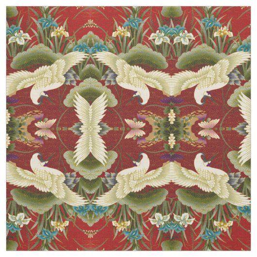 Gingko-Blätter u. Kräne rot Stoff (Muster)