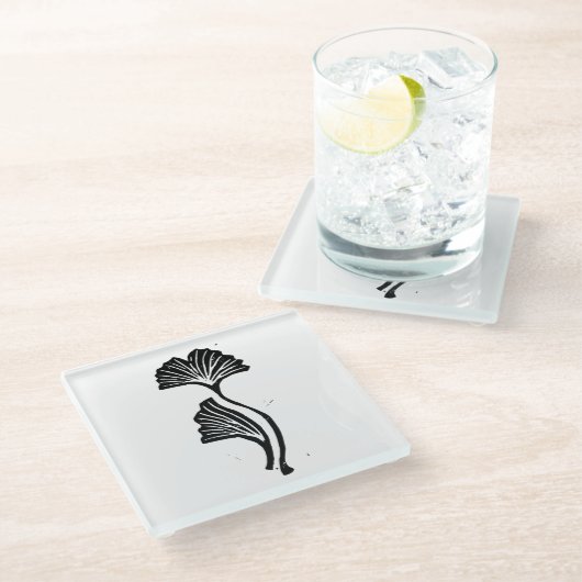 Gingko Leaf Lino Print Glasuntersetzer (Schrägansicht)